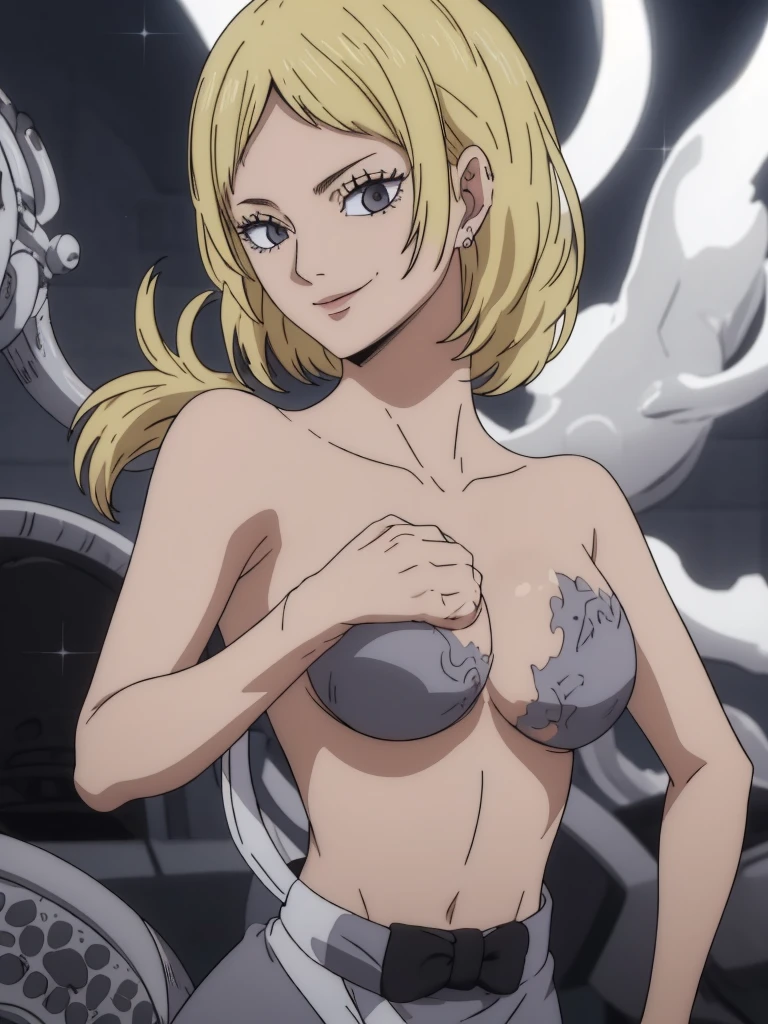 Best quality, masterpiece, ultra high res, 1girl, sexy, in the dark, deep shadow, low key, cold light, milf, blonde, dynamic light, cinematic lighting, cinematic lighting, down blouse, mature woman, middle parted hair, nsfw, natural breast, upper body, milf, samui, simple smile, armpits visible, detailed armpits