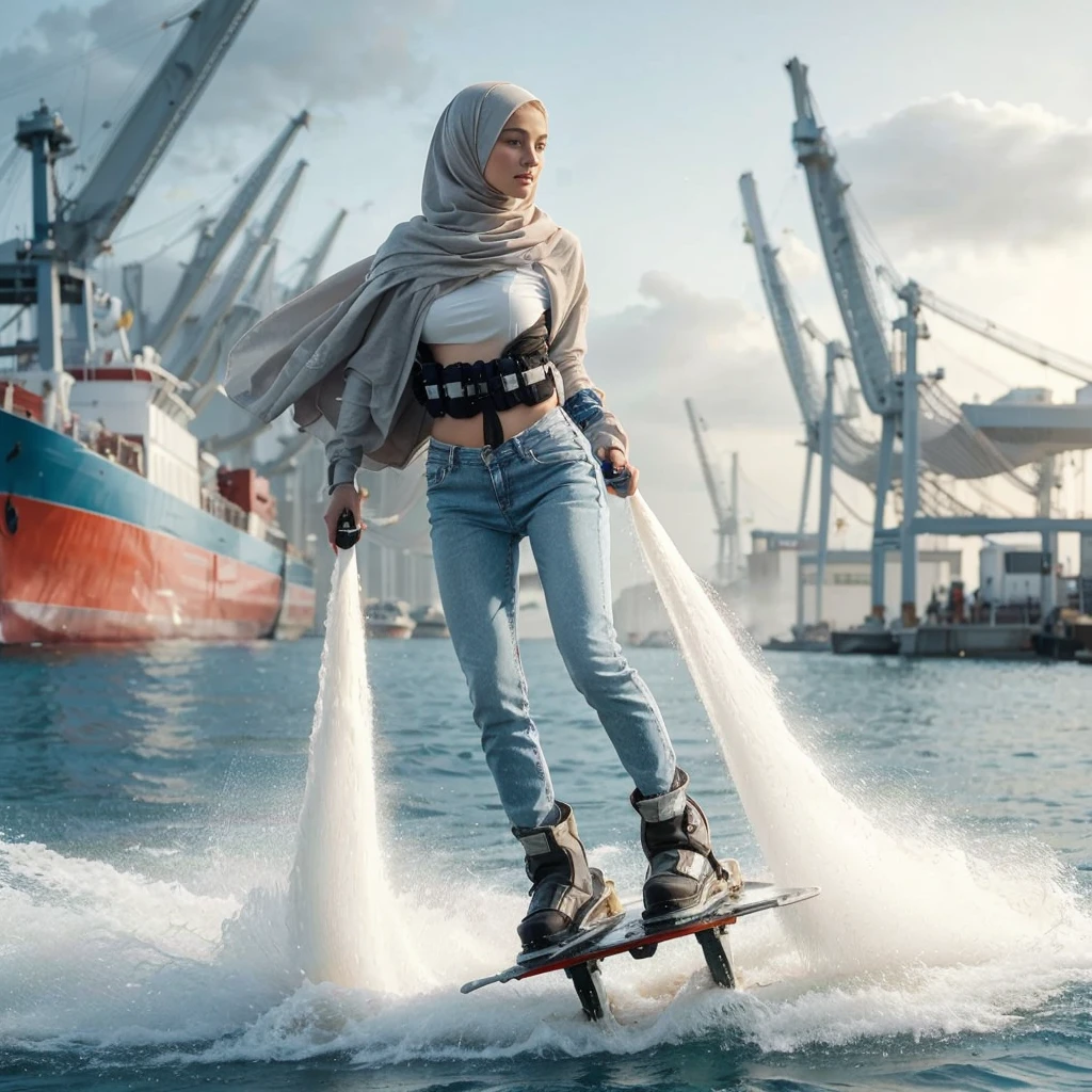 a beautiful 21 year old pure white woman wearing a hijab, jeans and a light colored top, doing flyboarding activities on the water with a stream of water pushing her off the board. The background should include a harbor with cranes and the sky should be slightly overcast. realistic photography