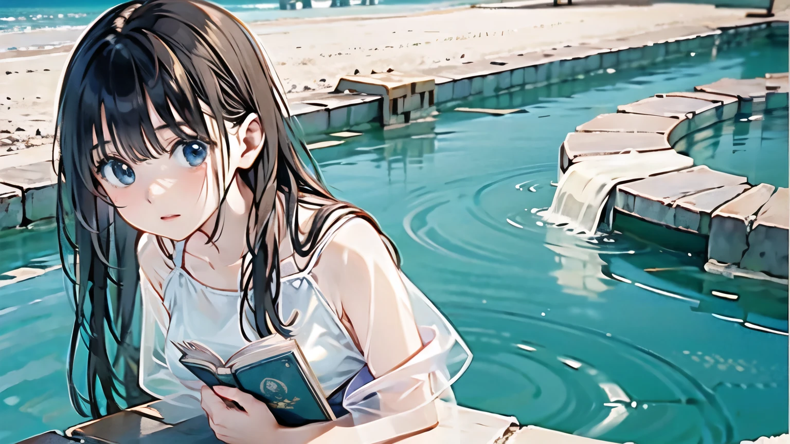 young woman、Exact number of legs、Exact number of arms、refresh、Light clothing、High Leg、See-through、Micro Bikini、Black Hair、Uyuni salt lake、I have a book