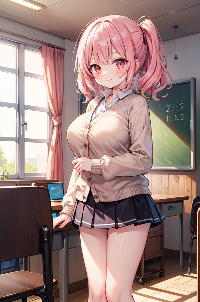 Fantasy,((Masterpiece)),((high resolution)),((Best Quality)),Anime illustration,(((1girl))),(wavy hair),(short hair),(pale pink hair color),small ponytail,Red eyes,(Big round eyes),((tareme)),12 years old,((baby face)),((very big breasts)),Short stature,Young,((loli)),,,cardigan,mini skirt,smile,Ladylike,classroom,Panty shot,