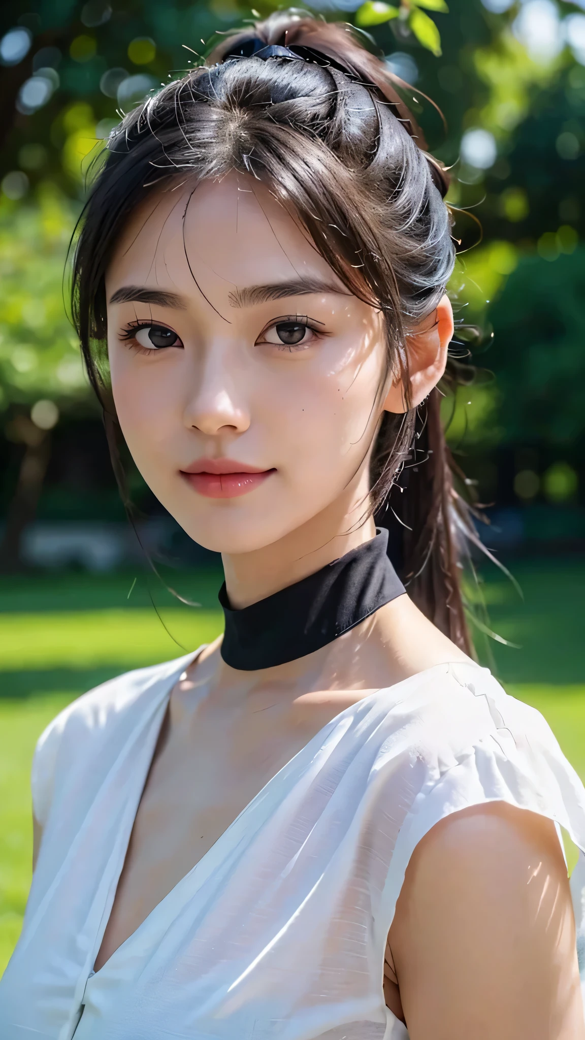 dress,outdoors,Urban Park,On the lawn,One woman,close up face,fully body photo,masutepiece, The highest image quality, High quality, the background is clear,Beautiful woman, Japanese, Detailed, Ultra-detailed, finely detail, hight resolution, 8K Wallpaper, Perfect dynamic composition, Beautiful detailed eyes ,Detailed eyes, Detailed skin, Beautiful skin, 超hight resolution, (reality: 1.4),Very beautiful woman, Slightly younger face, Beautiful skin, slender, (Ultra photo realsisim), (hight resolution), (8K), (Very detailed) (beautifully detailed eyes), (super detailed), (Detailed face), view the viewer, Fine details, Detailed face, Staring straight ahead, Staring straight ahead, photos realistic, Bright lighting, Professional Lighting, Black hair,poneyTail,a baby face,sixteen years old,Hairstyle: ponytail,Long ponytail hairstyle,slight smile,