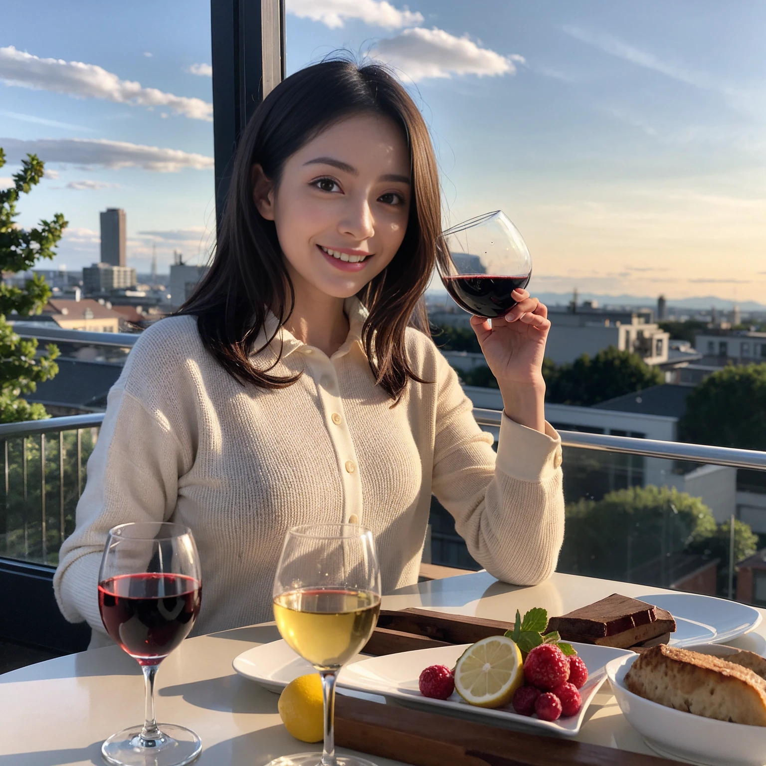 ((Highest quality、、masterpiece:1.3))、1 male、1 female、Satomi Ishihara、 age、Pink Couple、smile、 (Slim face), (the body is スリム), (Brown Hair), (Shortcuts), テーブルのフルコースディナーとwine glass、Amazing view of the sunset sky and clouds、smileの美しさ、Wine bottle、sparkling wine、Long sleeve shirt、dress、White wine, red wine, wine glass, 