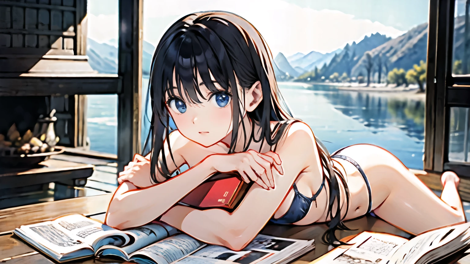 young woman、Exact number of legs、Exact number of arms、refresh、Light clothing、High Leg、See-through、Micro Bikini、Black Hair、Uyuni salt lake、I have a book