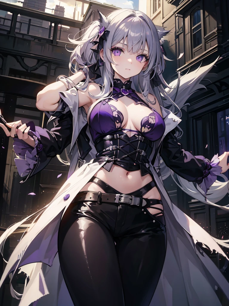 A werewolf girl with waist-length silver hair and purple eyes.