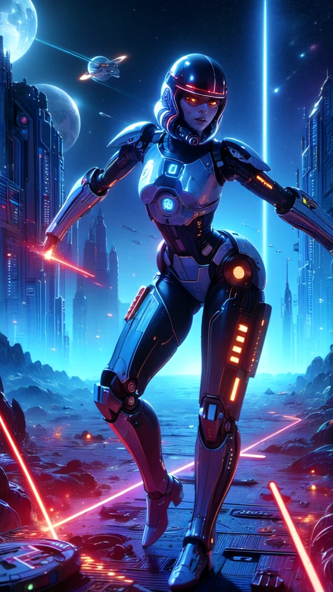 top quality, future world, State-of-the-art robot, Beautiful Woman, Transformed into a cyborg except for the face, sexy images, whole body photo, (((space war, star war, laser gun, fighting )))