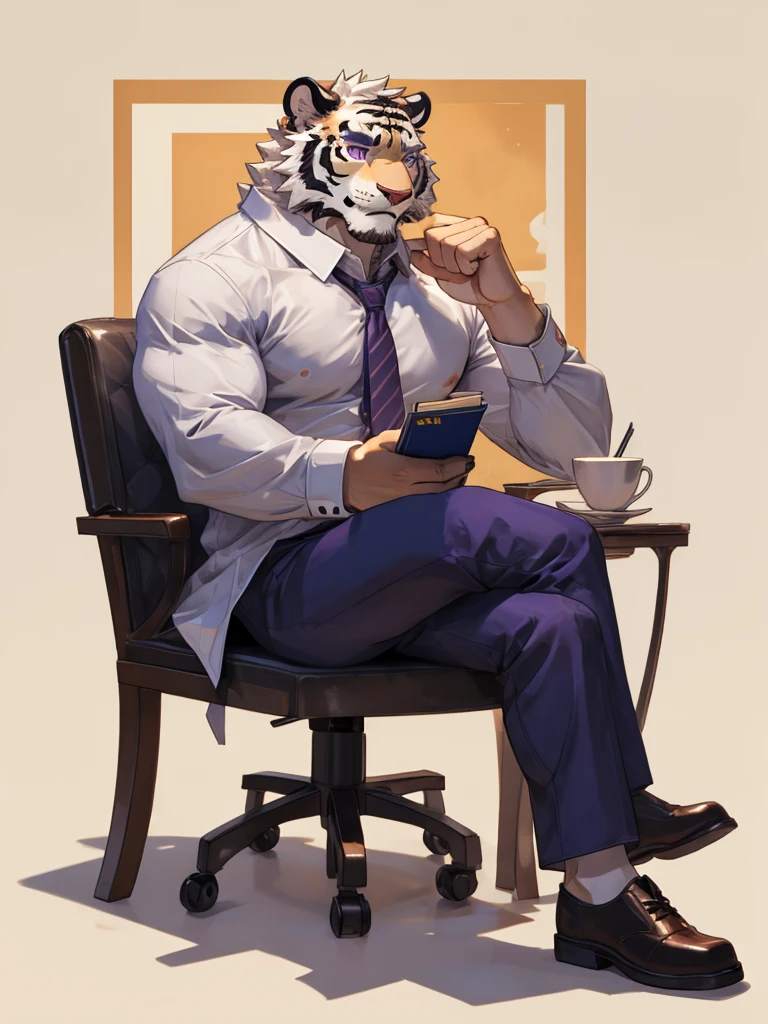 {{bara extremely handsome white tiger,}} {{white fur,}} white, wearing purple trench coat purple trousers and white dress shirt and necktie, white fluffy furry body and limbs, loafers, very tall, very broad shoulders, narrow waist, muscular arms, massive pecs, purple eyes, very long legs, sitting cross legged on swivel chair, reading file, sophisticated smart look, full body, best quality, high quality, silver earring on left ear, dead stare, cold expression