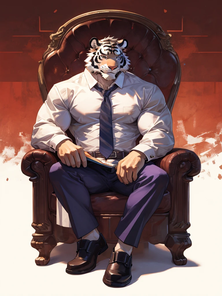 {{bara extremely handsome white tiger,}} {{white fur,}} white, wearing purple trench coat purple trousers and white dress shirt and necktie, white fluffy furry body and limbs, loafers, very tall, very broad shoulders, narrow waist, muscular arms, massive pecs, purple eyes, very long legs,  sitting cross legged on swivel chair, reading file, sophisticated smart look, full body, best quality, high quality, silver earring on left ear, dead stare, cold expression