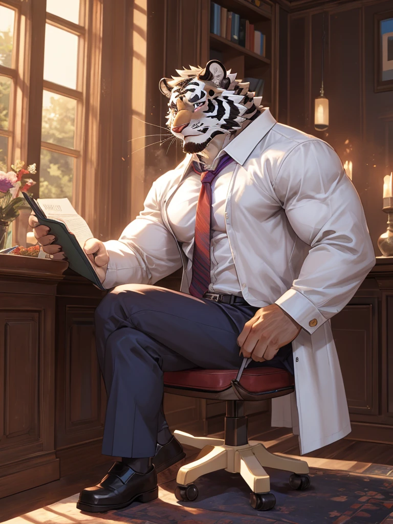 {{bara extremely handsome white tiger,}} {{white fur,}} white, wearing purple trench coat purple trousers and white dress shirt and necktie, white fluffy furry body and limbs, loafers, very tall, very broad shoulders, narrow waist, muscular arms, massive pecs, purple eyes, very long legs,  sitting cross legged on swivel chair, reading file, sophisticated smart look, full body, best quality, high quality, silver earring on left ear, dead stare, cold expression
