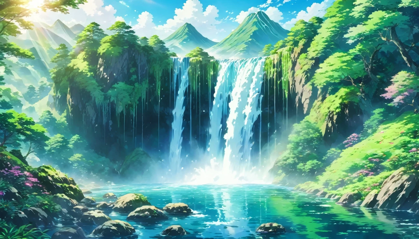 anime of a waterfall and a mountain with a waterfall in the foreground, anime landscape, anime landscape wallpaper, anime nature, anime beautiful peace scene, beautiful anime scenery, anime nature wallpap, anime scenery, anime art wallpaper 4k, anime countryside landscape, anime art wallpaper 4 k, scenery artwork, scenery wallpaper, japanese art style, anime background, beautiful anime scene. 8k
