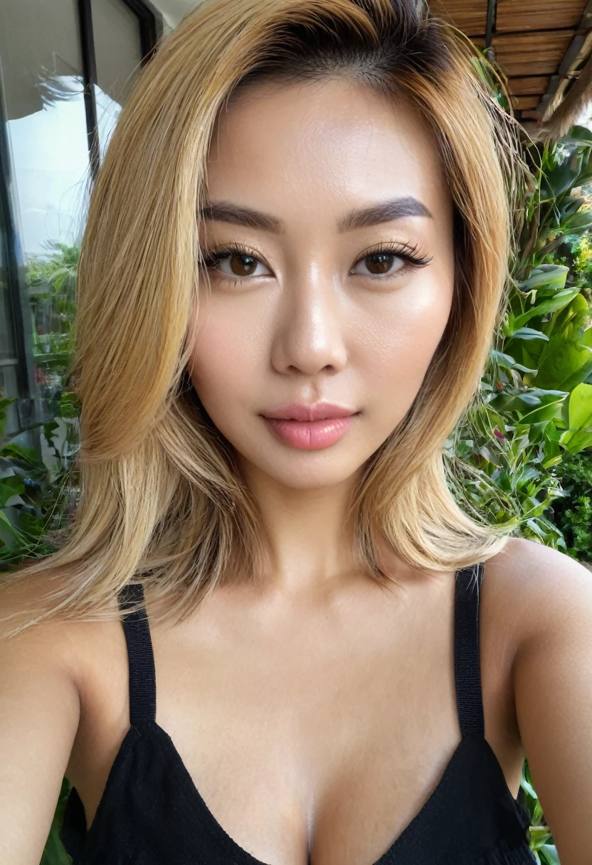 Une femme blonde de 23 ans, ((gros seins)), ((hyperréalisme)) ,. cheveux blonds avec des racines châtain clair. cheveux blond, Cheveux aux racines brunes, cheveux très longs, cheveux très longs, cheveux très longs, Beau, vue de face, selfie, photo prise avec iPhone, chemise noire élégante avec escote, Coupe-bas, selfie dans le jardin, haute qualité, selfie iPhone, clivage, asiatique, tres réaliste