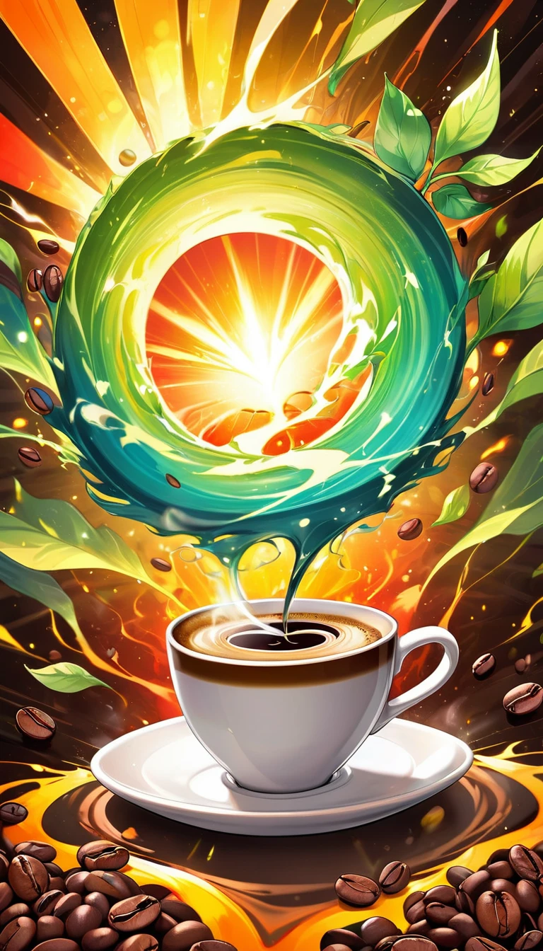 Create a vibrant, colorful image that represents the strength of coffee, in an anime style. In the center, place a steaming cup of coffee with a liquid of deep, rich color, emanating an energetic aura. Around the cup, add elements like bright coffee beans and fresh green leaves. Incorporate rays of golden light radiating from the cup to reinforce the feeling of energy. The background should be a kaleidoscope of bright colors like red, orange, yellow and green, creating a feeling of dynamism and power. The image should convey the idea that coffee is a powerful source of energy and revitalization, with an anime stylistic touch.