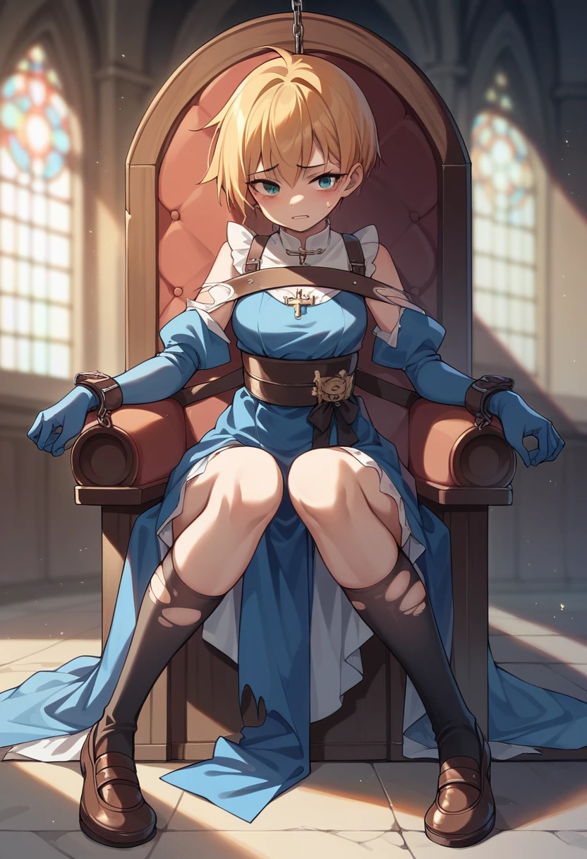 masterpiece, Highest quality, High resolution,  Kasumi, Blue kimono 、Knee-high socks、Long gloves、Dark Church、Sitting in a chair and being restrained、Wriggle your body、Your clothes are torn