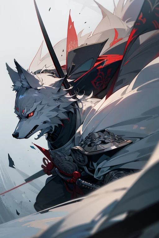 masterpiece、Wolf Knight, Fine Armor, Intricate Design, Silver, silk,8K, sharp、View your viewers、Red eyes、Create with this image in mind、Samurai Armor、Transform into a wolf、Maintain an image、