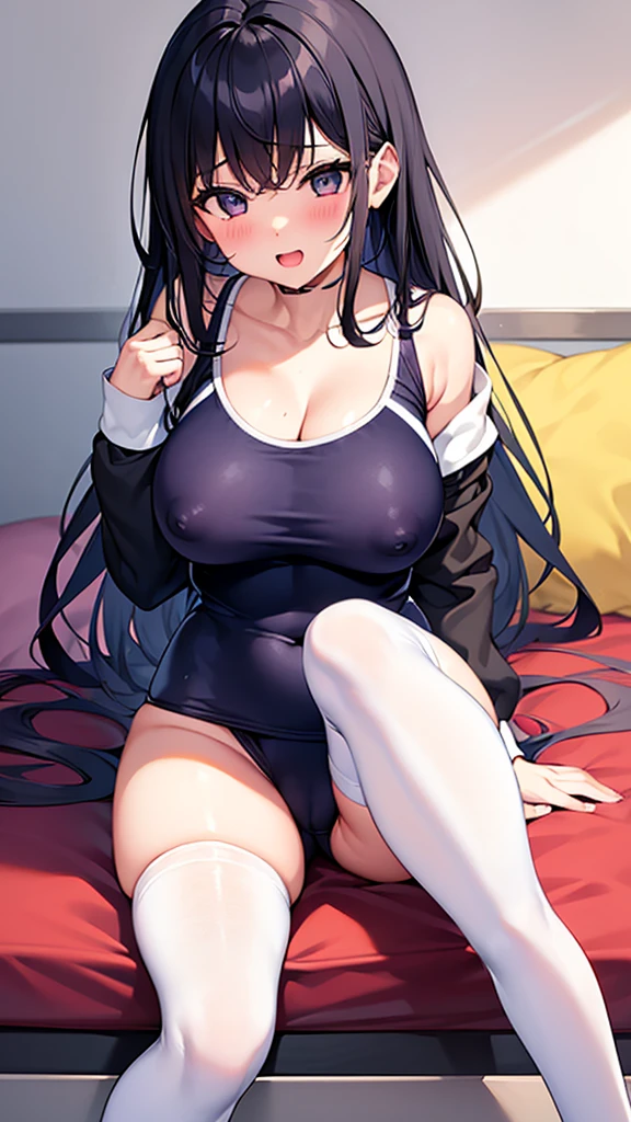 girl、School Swimsuit、Knee socks、Sit on the bed、Spread your legaster piece 、pussy juice、Black Hair、Excited、White skin、Big Breasts、Nipples