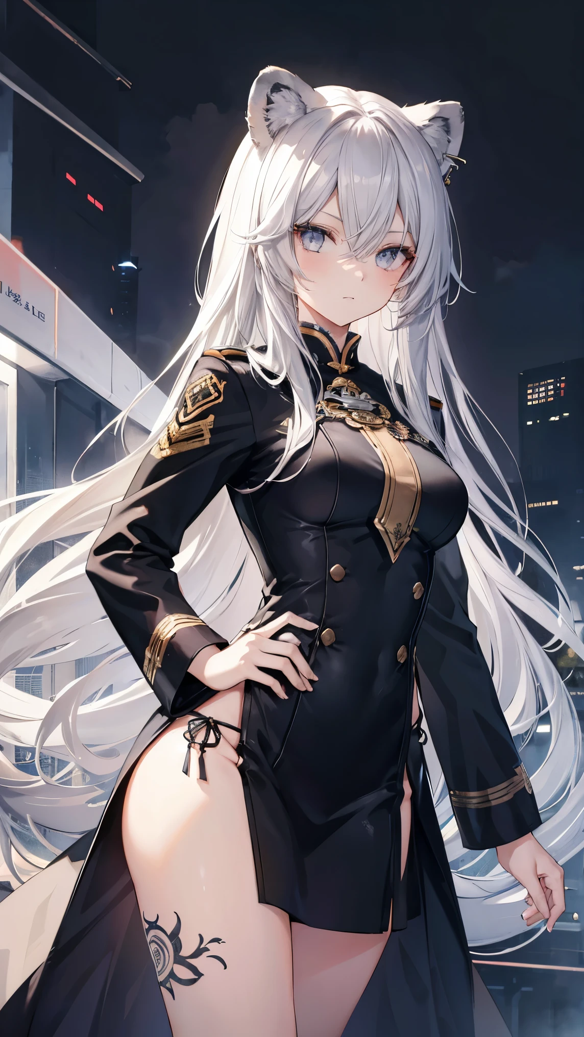 High resolution、Girl、Silver Hair、Long Hair,(),Lion ears、Grey Eyes、Slender、Toned body、military,Tattoo,