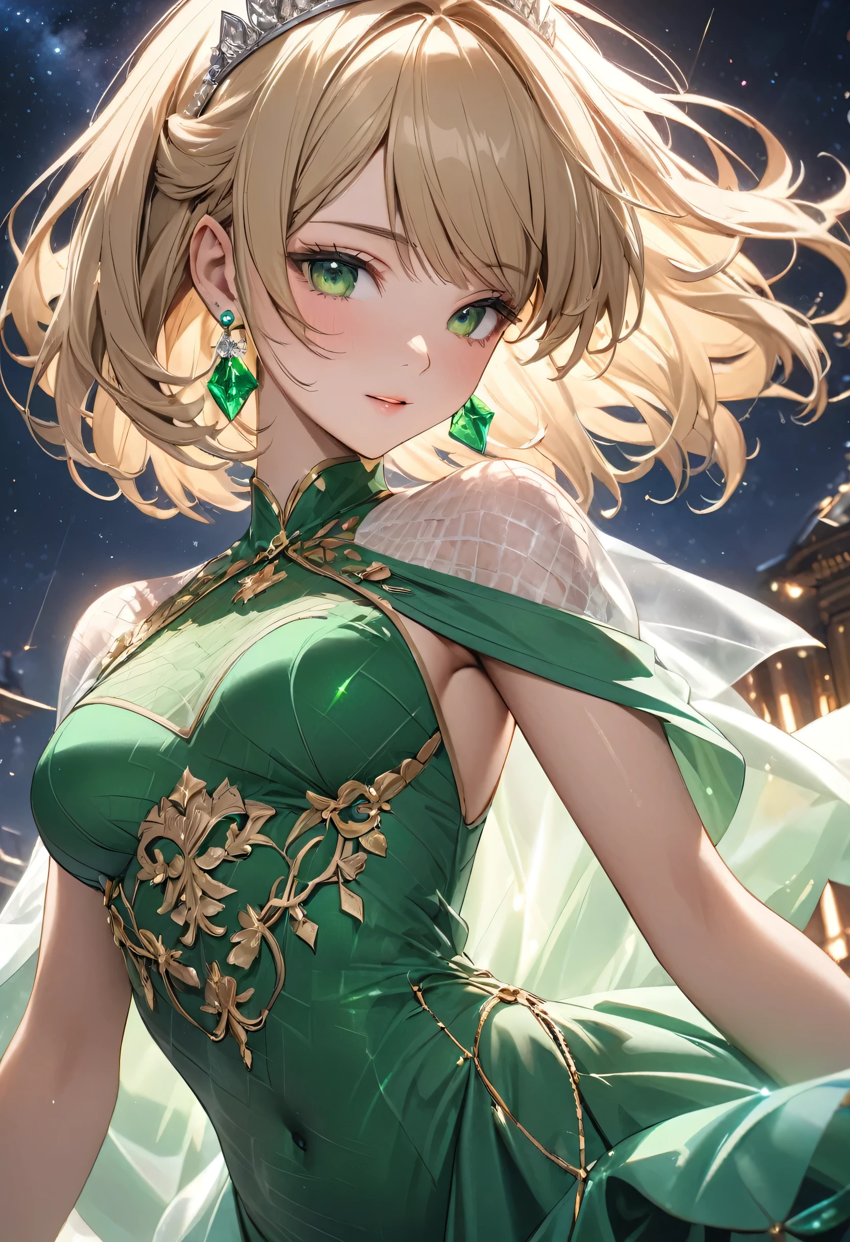 ((masterpiece)), (textured skin), ((high details)), best quality, award winning, 8k, beautiful woman, silk dress, Noble, princess, queen, blonde, half updo, hair flaps, jewelry tiara, crystal earrings, Sharp focus A beautiful woman with perfect body, Slim abdomen, light brown hair, shiny hair, bob cut, starry skies, green emerald ring