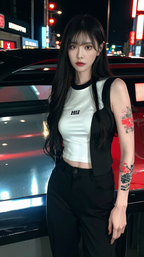 (best quality)，masterpiece，Very detailed，8K, Ultra HD，Beautiful woman，Japanese woman，expressionless，whole body，((Tattoo))，Slim，Black casual pants，White vest，(Female Mafia)，rogue，(Cyberpunk City)，night，light，hell