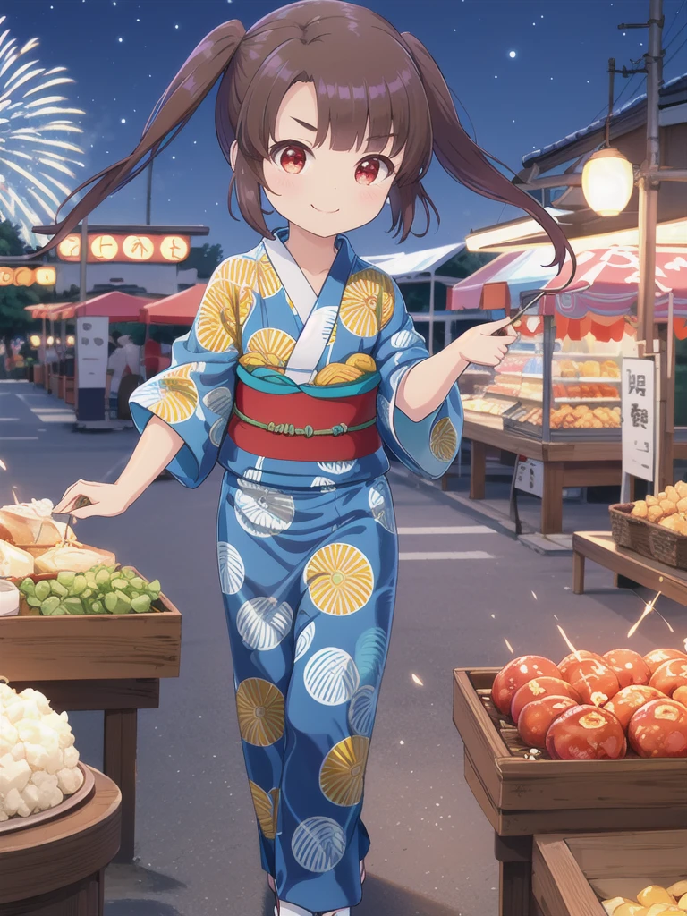 Masterpiece,Highest quality,Detailed Background,night,Fireworks seen from between the food stalls,1 Girl,Red eyes,smile,Long twin tails,Brown Hair,Eyebrows visible through hair,Flat Chest,Blue yukata,