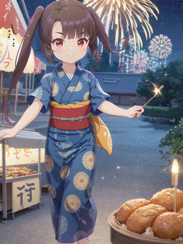 Masterpiece,Highest quality,Detailed Background,night,Fireworks seen from between the food stalls,1 Girl,Red eyes,smile,Long twin tails,Brown Hair,Eyebrows visible through hair,Flat Chest,Blue yukata,