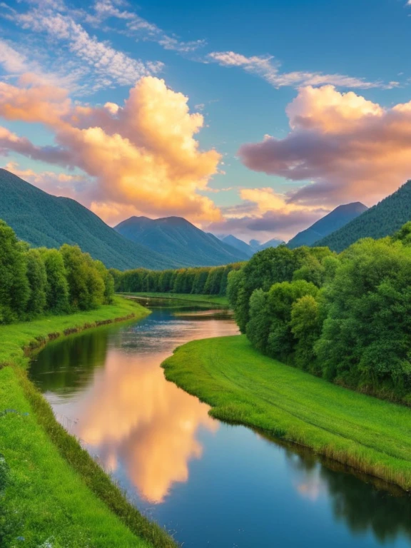 A fantastic sky, a quietly flowing river, and beautiful green mountains々