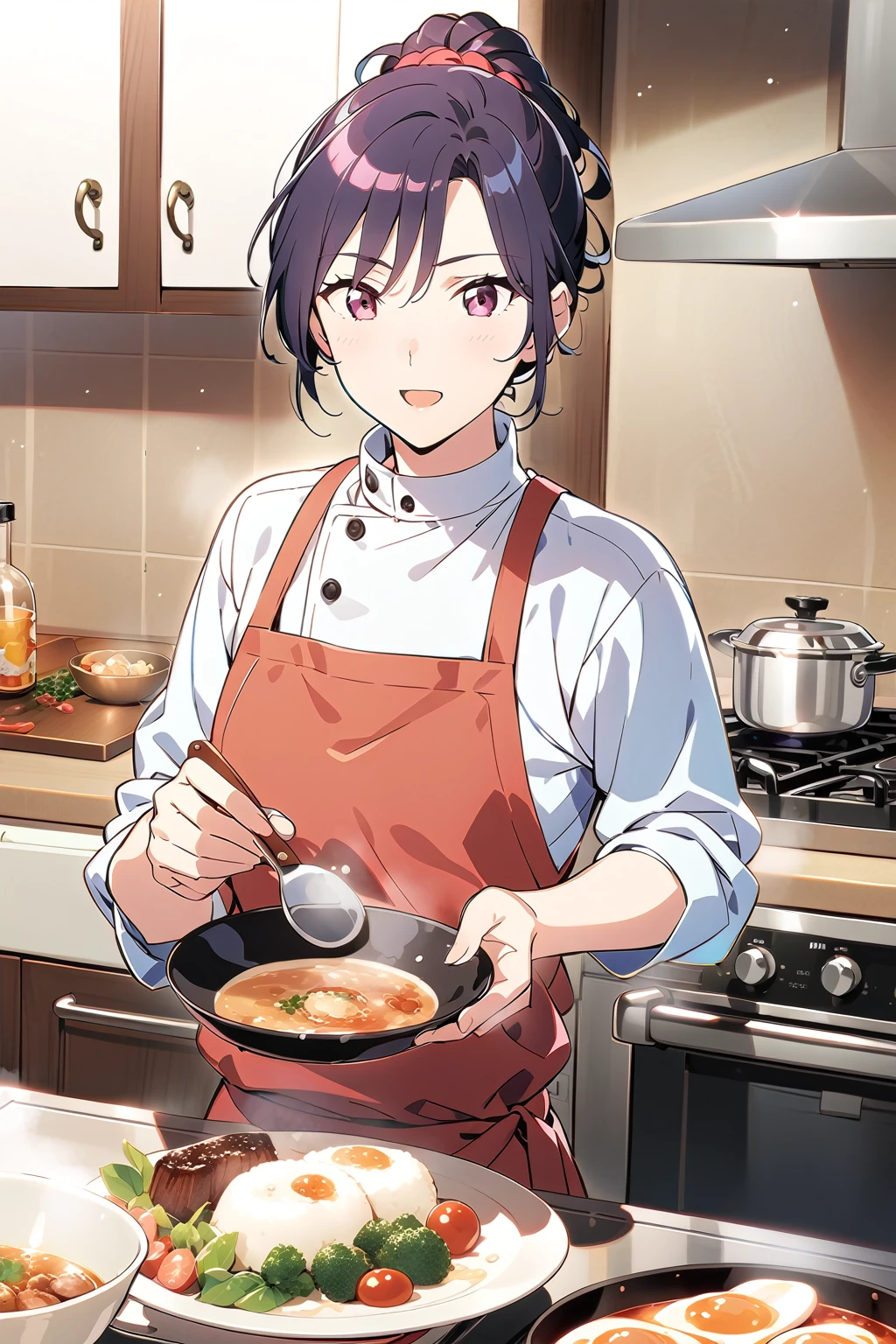 (Ultra-detailed illustrations:1.2),anime character in kitchen prepaAlsog food with a skillet and pan, Cooking, tanjiro kamado, Also, honest, Official Art, honest shinka, Mai Yoneyama, Shirabii, Eat and drink, Nishimiya Shoko, Anime Moe Art Style, Cook, Official character art, rei hiroe, Cooking it up, honest kano
