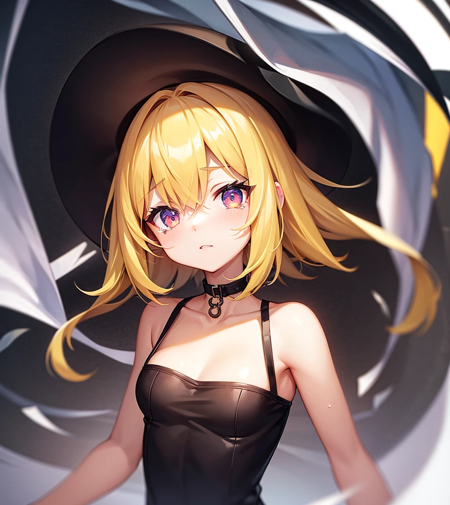 (tearful),Cute little ,Tiny ,Small girl,,Childish face, Very fine clean face,Top quality, Big eyes,Straight Hair,Yellow hair,Crimson Eye,(Dark Room), Subtle light, Soft lighting,Light from directly behind, (Are standing),Front view,prison