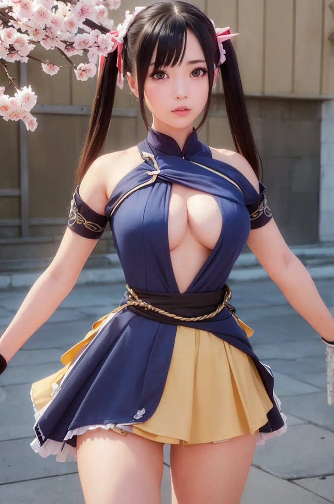 Nino co、short hair, Twin tails、Random color hair、 blue eyes, hair ornaments, Hair Ribbon, blunt , Both sides up, butty hair ornaments, skirt,Off the shoulder、Random color see-through kunoichi costume、Japanese see-through female samurai costume、See-through female ninja costume,, Open clothes, Collared dress emphasizes cleavageeat is noticeable、Professional lighting light reflection、 looking at viewer, (masterpiece:1.2), Highest quality, High resolution, unity 8k wallpaper, (figure:0.8), (Beautiful fine details:1.6), Highly detailed face, Perfect lighting, Highly detailed CG, (Perfect hands, Perfect Anatomy),heavy rain、heavy rainで全身びしょ濡れ、heavy rainで全身びしょ濡れの服、High heels、 ((Perfect handsの形))、(Perfect foot shape、Embarrassed expression、blush、Gestures to seduce a man、Shining Sweat、Perfect Skin,Sweat is noticeable、太もものSweat is noticeable、 Fair skin,Tight waist, Sweating profusely、Sweaty hair、Sweaty clothes、Sweaty、Visible sweat、rain-wet hair、A vast Western church with stained glass windows、Holding a Japanese sword、Athlete System、cherry blossoms