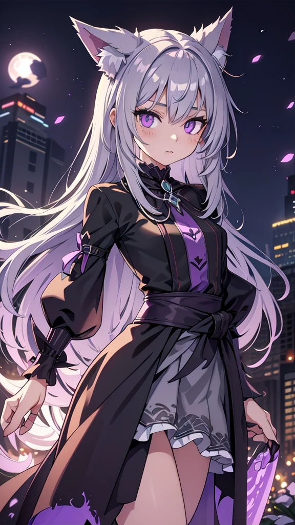 A werewolf beast girl with waist-length silver hair and purple eyes.
