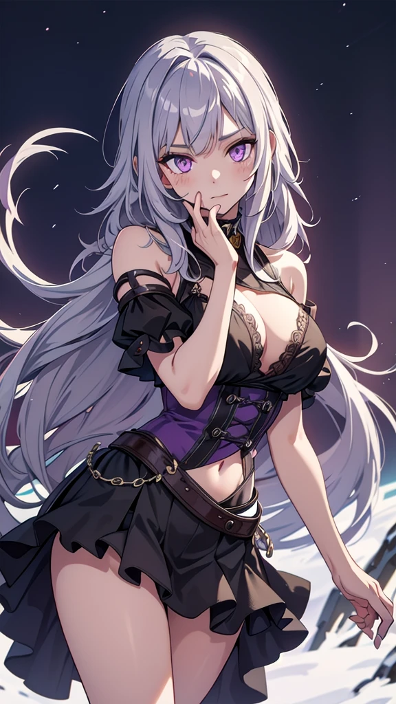 A werewolf beast girl with waist-length silver hair and purple eyes.