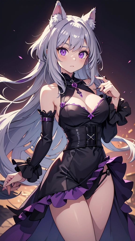 A werewolf beast girl with waist-length silver hair and purple eyes.