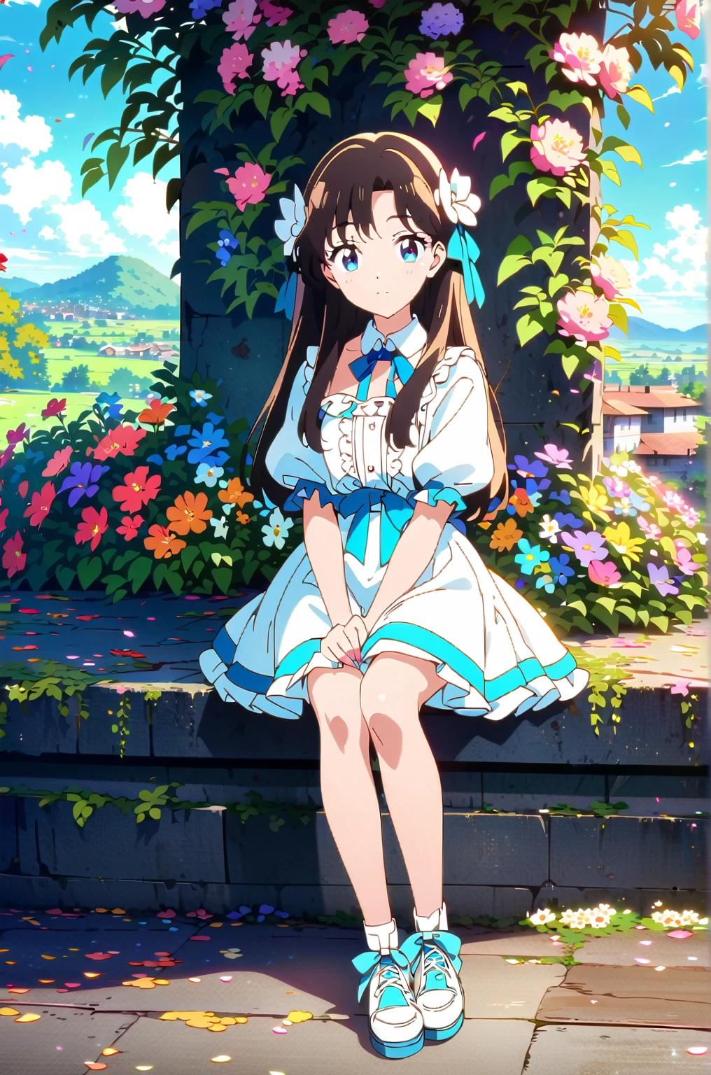 (Ultra-detailed illustrations:1.2),Anime girl sitting on a wall with flowers in her hair, Cute girl anime visuals, In a dress, Beautiful Anime girl, Young Anime Girl, Cute anime waifu in a nice dress, Beautiful Anime, Anime Moe Art Style, Cute Anime Girl, High quality anime art style, Beautiful Anime art style, Beautiful Anime style, Beautiful Anime portrait, Anime full body illustration