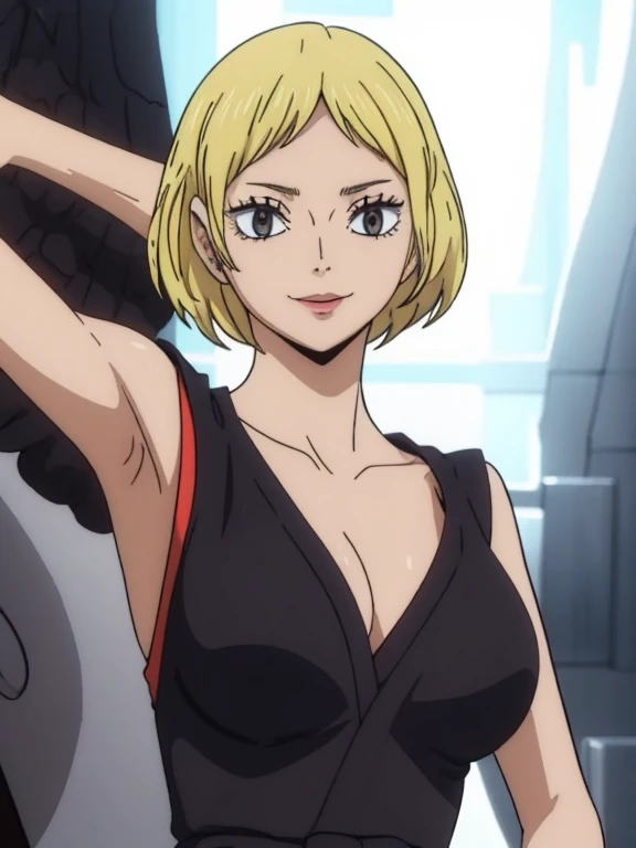 Best quality, masterpiece, ultra high res, 1girl, sexy, in the dark, deep shadow, low key, cold light, milf, blonde, dynamic light, cinematic lighting, cinematic lighting, down blouse, mature woman, middle parted hair, nsfw, natural breast, upper body, milf, samui, simple smile, armpits visible, detailed armpits