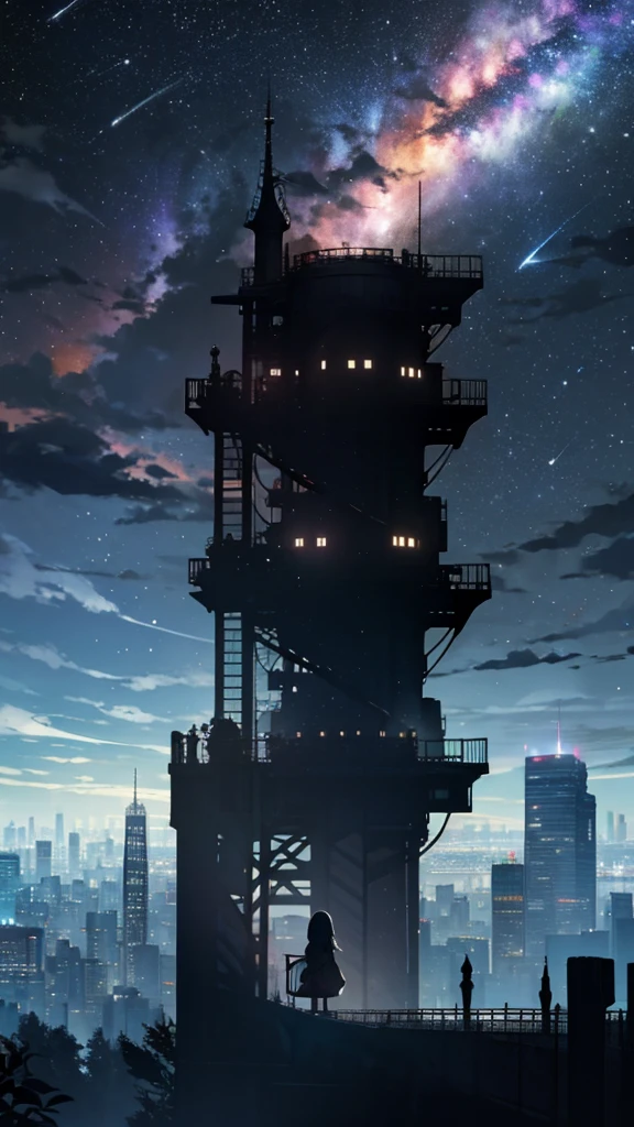 null, star (null), scenery, starry null, night, One girl, night null, alone, Outdoor, building, cloud, milky way, Sitting, wood, Long Hair, city, silhouette, ctiyscape