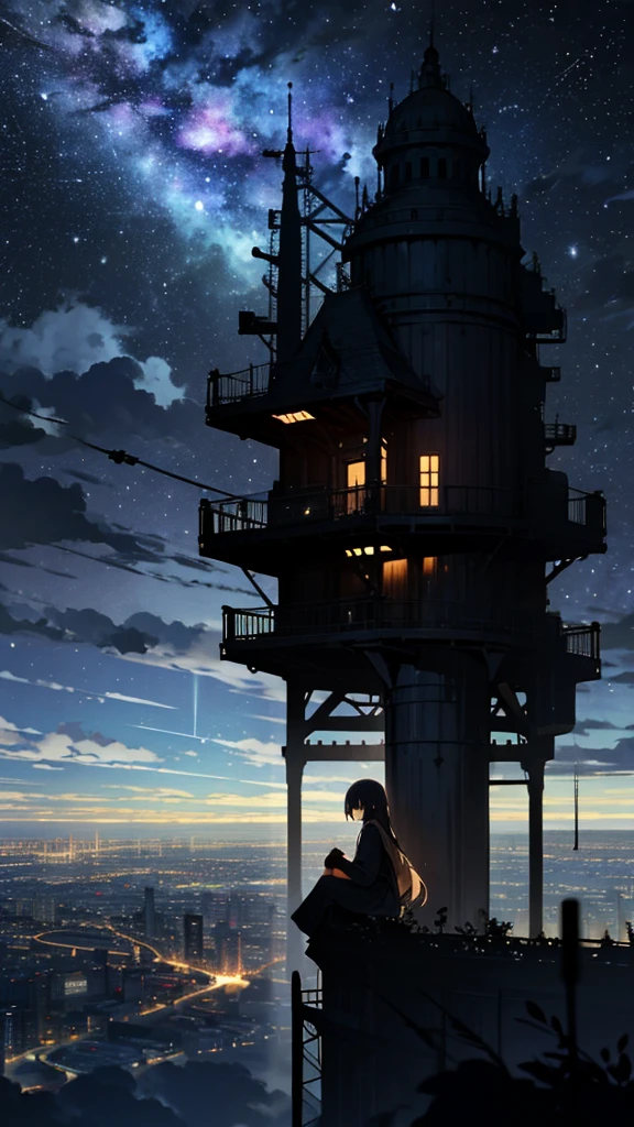 null, star (null), scenery, starry null, night, One girl, night null, alone, Outdoor, building, cloud, milky way, Sitting, wood, Long Hair, city, silhouette, ctiyscape