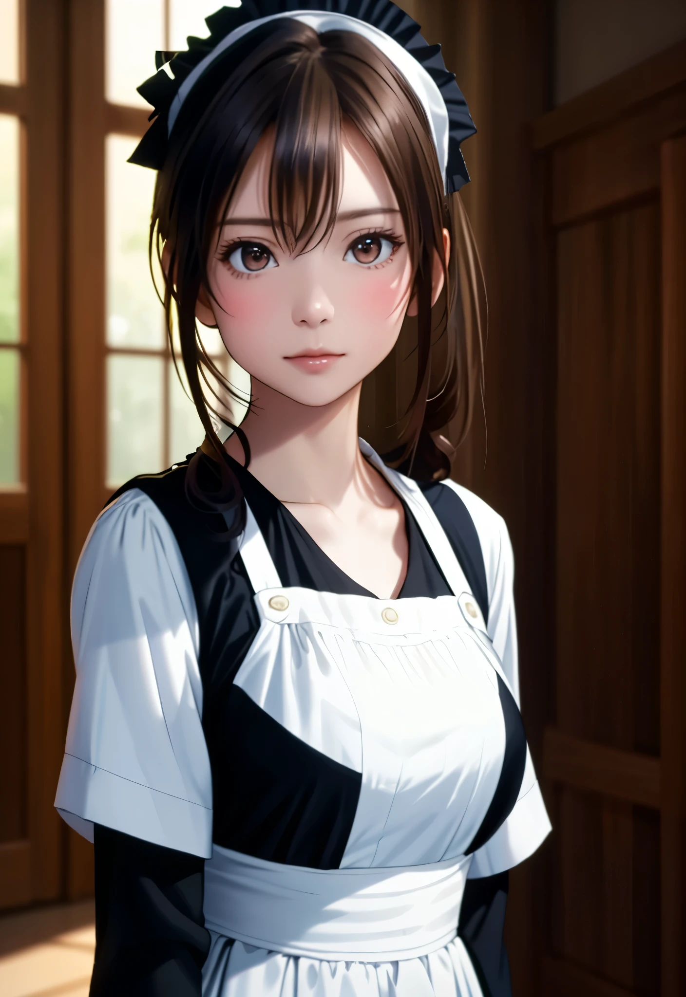 8K, of the highest quality, masutepiece:1.2), (Realistic, Photorealsitic:1.37), of the highest quality, masutepiece, Beautiful young woman, Pensive expression,、A charming、and an inviting look, Cute Maid Clothes, Hair tied back, Cinematic background, Light skin tone
