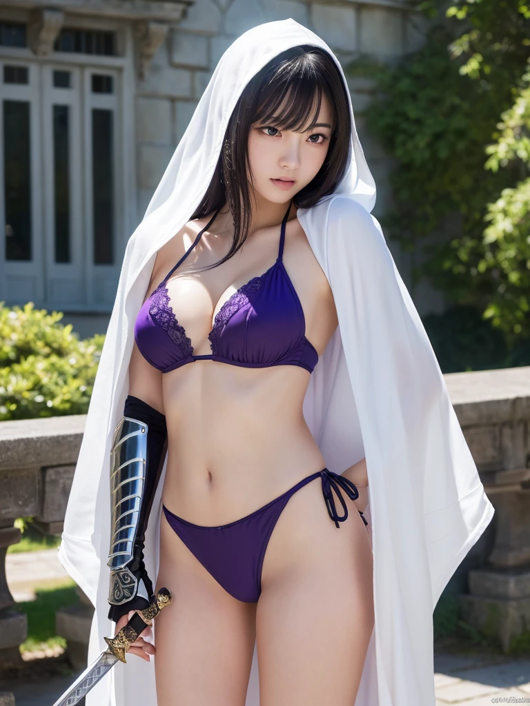 a beautiful japanese girl, very cute high school girl assassin, detailed portrait of innocent 16 year old virgin, midnight, in front of a lord's manor, ((purple bikini armor,white cloak)), silver booties, ((she has a long sword)), ((full body, standing:1.1)), (angry, glaring, hate, open mouth:1.2), a fighting stance, translucent skin, cute double eyelids and black eyes, hands clasped in front, beautiful small breasts and nipples, cleavage, glossy straight medium black hair, asymmetrical bangs, ((best quality, 4k, 8k, highres, masterpiece, ultra-detailed, realistic, photorealistic, photo-realistic, intricate detail, highly realistic:1.3)), dramatic lighting, muted color palette, cinematic composition, emotional portrait