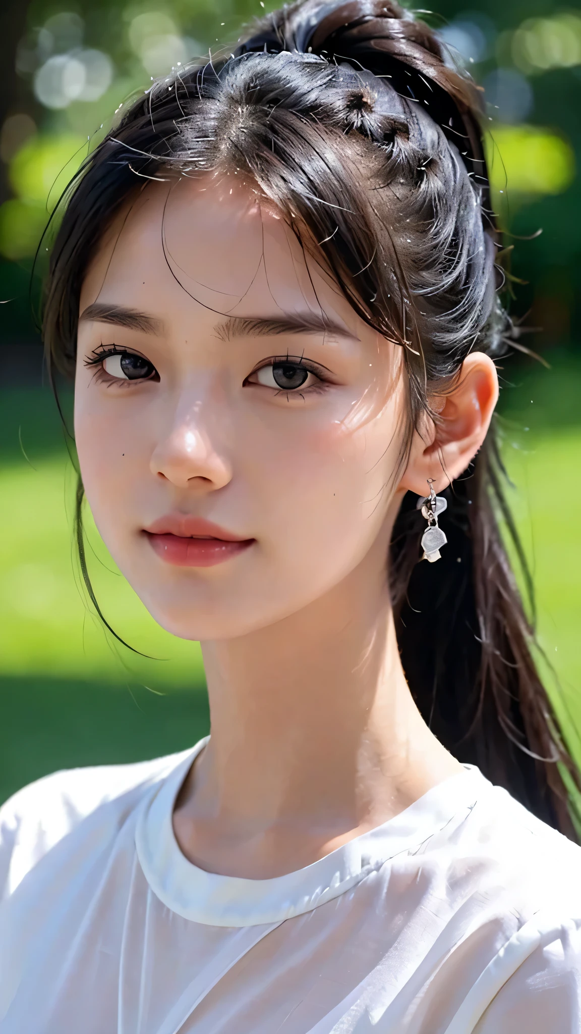 dress,outdoors,Urban Park,On the lawn,One woman,close up face,fully body photo,masutepiece, The highest image quality, High quality, the background is clear,Beautiful woman, Japanese, Detailed, Ultra-detailed, finely detail, hight resolution, 8K Wallpaper, Perfect dynamic composition, Beautiful detailed eyes ,Detailed eyes, Detailed skin, Beautiful skin, 超hight resolution, (reality: 1.4),Very beautiful woman, Slightly younger face, Beautiful skin, slender, (Ultra photo realsisim), (hight resolution), (8K), (Very detailed) (beautifully detailed eyes), (super detailed), (Detailed face), view the viewer, Fine details, Detailed face, Staring straight ahead, Staring straight ahead, photos realistic, Bright lighting, Professional Lighting, Black hair,poneyTail,a baby face,sixteen years old,Hairstyle: ponytail,Long ponytail hairstyle,slight smile,