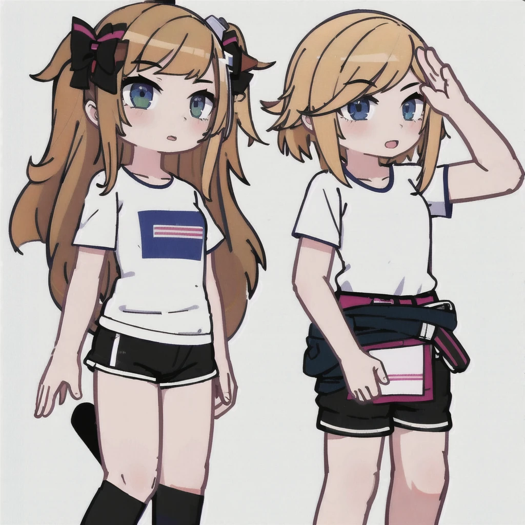 1 girl, looking at viewer, White background, White T-shirt, black shorts, hands to the side