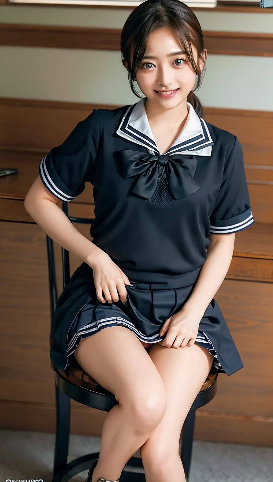 ((highest quality、8k、masterpiece:1.3)),((((cowboy shot)))),Ultra-high resolution,big eyes,Japanese,bangs,(a girl),(1 girl),20 years old,((facing at viewer)),(long hair),(((black sailor uniform))),grin,((sitting on chair)),(pleated mini skirt),((pussy)),((skirt lift))