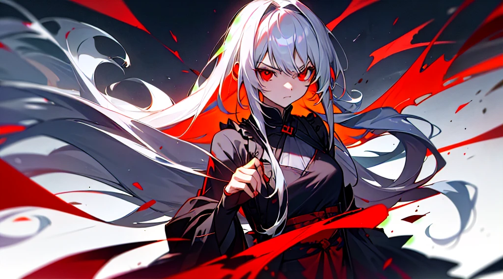 1girl, silver hair, long hair, (straight hair:1.5), red eyes, indifferent emotion, black ripped dress, glow, blood, red shards, clouds, ukoö