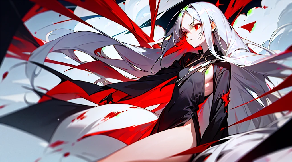 1girl, silver hair, long hair, (straight hair:1.5), red eyes, indifferent emotion, black ripped dress, glow, blood, red shards, clouds, ukoö