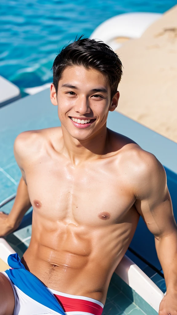 male Age 27 swimwear lifeguard topless smile