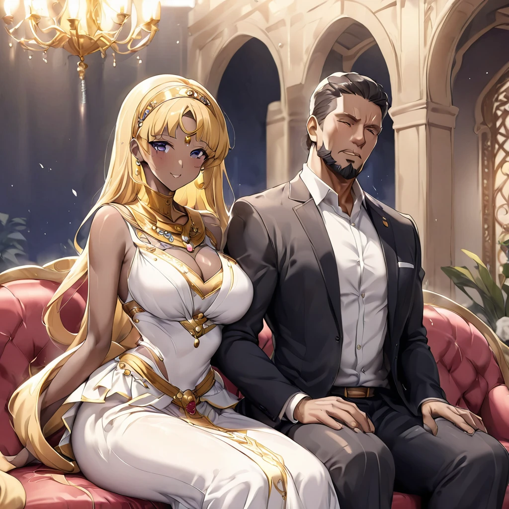 ((Highest quality)), ((masterpiece)), (detailed), （Perfect Face）、The woman is a Sunni Muslim Egyptian named Tsukino Usagi with vivid brown skin, and is wearing a gorgeous, glittering Egyptian traditional dress with gold embroidery, a gorgeous hijab, gorgeous jeweled accessories and an engagement ring in a luxurious Egyptian mansion. The woman and the man are sitting on a luxurious, large sofa in the luxurious room, and the woman is being held in the arms of a dignified, muscular, bearded middle-aged man wearing Egyptian traditional dress.、The woman is the elegant Tsukino Usagi, a Sunni Muslim Egyptian with bright brown skin and a gorgeous Egyptian hijab and long blonde hair in a chignon twin tail.、（The woman is the dark-skinned Egyptian Tsukino Usagi.）、The man is a dignified, muscular, bearded, middle-aged Egyptian Muslim man wearing traditional Egyptian clothing.
