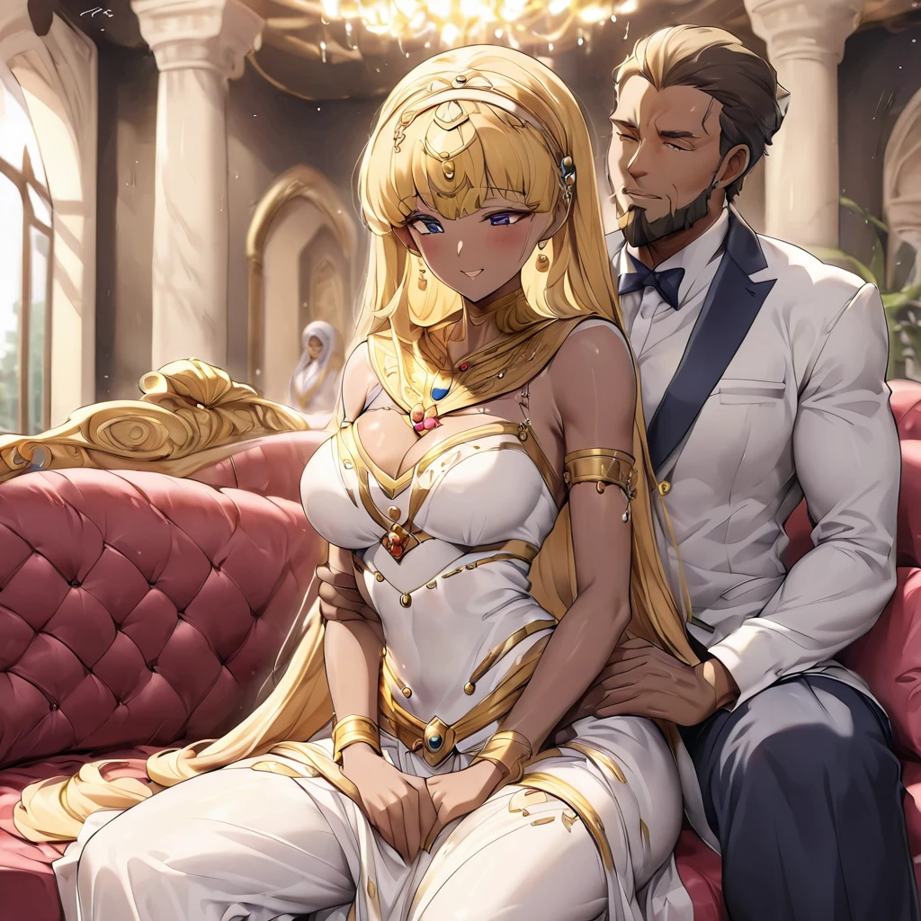 ((Highest quality)), ((masterpiece)), (detailed), (Perfect Face)、The woman is a Sunni Muslim Egyptian named Tsukino Usagi with vivid brown skin, and is wearing a gorgeous, glittering Egyptian traditional dress with gold embroidery, a gorgeous hijab, gorgeous jeweled accessories and an engagement ring in a luxurious Egyptian mansion. The woman and the man are sitting on a luxurious, large sofa in the luxurious room, and the woman is being held in the arms of a dignified, muscular, bearded middle-aged man wearing Egyptian traditional dress.、The woman is the elegant Tsukino Usagi, a Sunni Muslim Egyptian with bright brown skin and a gorgeous Egyptian hijab and long blonde hair in a chignon twin tail.、(The woman is the dark-skinned Egyptian Tsukino Usagi.)、The man is a dignified, muscular, bearded, middle-aged Egyptian Muslim man wearing traditional Egyptian clothing.