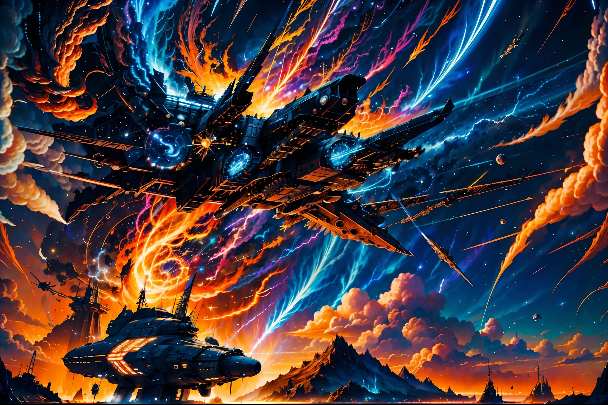 A magnificent space fantasy, universe space, Radiating vibrant energy in brilliant colors, Two giant starships, Overwhelming power, Fierce and heated battles, Intense offensive and defensive, A surprising turn of events, New developments, Space War, Fierce battle between starships, 広大なuniverse spaceのバックグラウンド, Two Starships, Beams intersect, Energy swirls, epic climax, (Highest quality:1.2, Very detailed, Delicate and beautiful CG art, Detailed illustration, High Detail, masterpiece:1.2, Best aesthetics).
