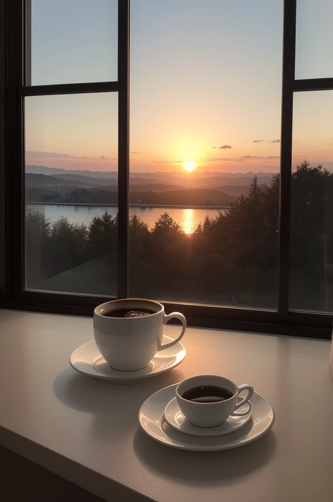 I want a cup of coffee and the coffee inside is black and the cup and the plate are made of white porcelain and it is in a window and in the background there is a beautiful sunrise