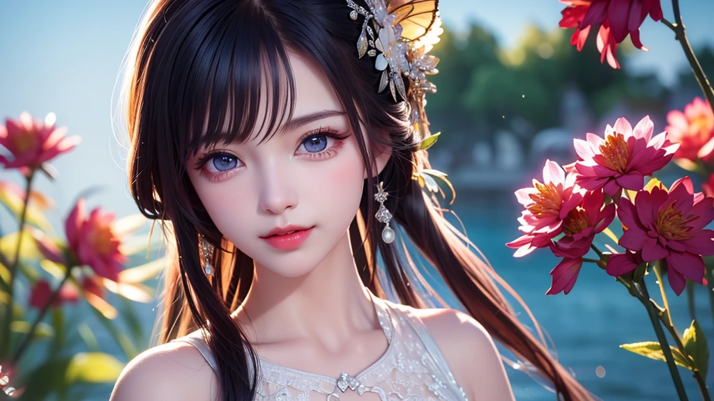 8k, RAW photos: 1.2), highest quality, ultra high resolution, (pink petals fluttering), (illustration), (1 girl))), (short hair, bob), (transparent white sheer sleeveless dress, mini skirt)), (silver hair, blue eyes) beautiful face, (bright lip gloss, long eyelashes, smooth) face, bright skin, natural shadows, wide light, depth of fieldStrong color, subtle caustics: 0.8), smile, (big), (rain: 0.9), Hanazono behind the girl, (focus), (standing on the surface of the water)), (color splash), colorful splash, ((colorful))), (sketch: 0.8), masterpiece, best quality, beautifully painted, highly detailed, (denoise: 0.6), splash ink, (((ink refraction)), ( (Masterpiece, Best Quality, Highly Detailed), Highly Detailed, (Masterpiece, Best Quality, Highly Detailed) CG Unity 8k Wallpaper, Masterpiece, Best Quality, Ultra Detailed, (Lycoris radiata)