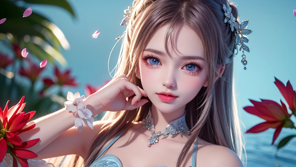 8k, RAW photos: 1.2), highest quality, ultra high resolution, (pink petals fluttering), (illustration), (1 girl))), (short hair, bob), (transparent white sheer sleeveless dress, mini skirt)), (silver hair, blue eyes) beautiful face, (bright lip gloss, long eyelashes, smooth) face, bright skin, natural shadows, wide light, depth of fieldStrong color, subtle caustics: 0.8), smile, (big), (rain: 0.9), Hanazono behind the girl, (focus), (standing on the surface of the water)), (color splash), colorful splash, ((colorful))), (sketch: 0.8), masterpiece, best quality, beautifully painted, highly detailed, (denoise: 0.6), splash ink, (((ink refraction)), ( (Masterpiece, Best Quality, Highly Detailed), Highly Detailed, (Masterpiece, Best Quality, Highly Detailed) CG Unity 8k Wallpaper, Masterpiece, Best Quality, Ultra Detailed, (Lycoris radiata)