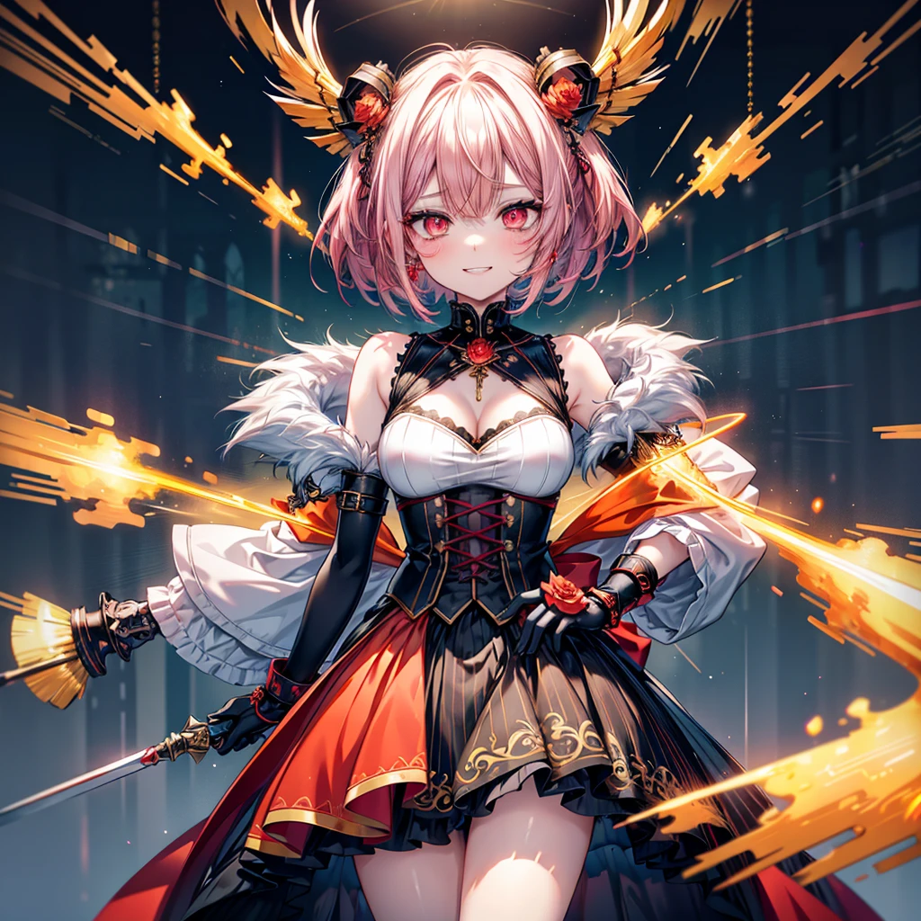 ((Highest quality)), ((masterpiece)), (detailed), (very short hair), ((nsfw)), standing, yandere, evil grin, blush, (blood), pussy
Create an image of a ruthless female character named Calamity Ignis, belonging to the Versatile Order. She has a striking and menacing appearance with an aura of danger. Her hair is long and vibrant, resembling fireworks, with a mix of bright colors like red, orange, and yellow. Her eyes are sharp and predatory, glowing with a sinister light. She has a lithe and athletic build, with an air of agility and strength. Her cheeks are slightly flushed, and she has a wicked smile on her face, showing her delight in the chaos she causes.
Background: Set in a mystical, swirling vortex of energy with floating red threads and glowing symbols, creating an otherworldly atmosphere.
Pose and Expression: She stands confidently, holding a deadly weapon like a spiked chain or dual blades, ready for combat. Her expression is a mix of cruelty and delight, with flushed cheeks and a wicked smile that shows she enjoys the chaos and destruction she causes. Her eyes should reflect a sense of malicious joy, and her posture should convey readiness for action.
Outfit: Inspired by the provided image, she wears a detailed bodice with intricate gold embroidery and vibrant red and orange accents. The outfit includes a short skirt with high slits, revealing long, flowing ribbons and decorative elements. She has a fox mask as an accessory and other ornate decorations like flowers. Her outfit should have a mix of traditional and modern elements, combining intricate patterns with sharp armor pieces.
Additional Details: Her weapons should be detailed and menacing, reflecting her brutal nature. The spiked chain or dual blades should have intricate designs and a realistic, lethal appearance. The background should enhance her dangerous aura, with dramatic lighting and shadows that highlight her menacing presence. Her overall appearance should be dynamic and unsettling, capturing her ruthless and c