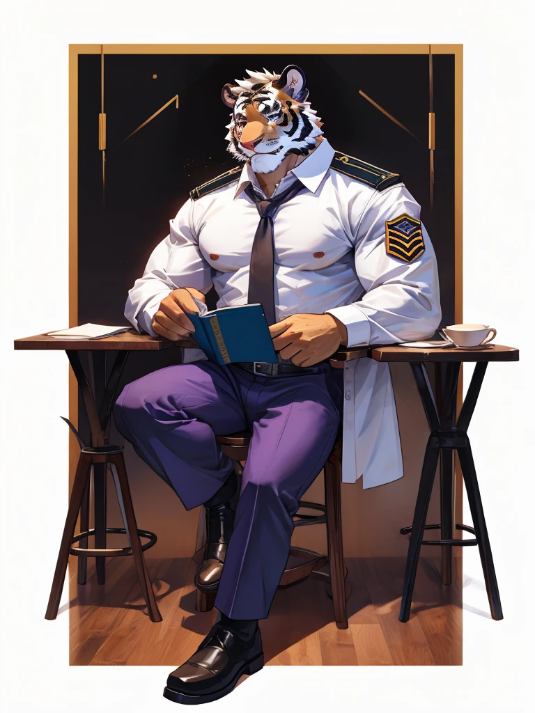 {{bara extremely handsome white tiger,}} {{white fur,}} white, wearing military like purple trench coat purple trousers and white dress shirt and necktie, white fluffy furry body and limbs, loafers, very tall, very broad shoulders, narrow waist, muscular arms, massive pecs, purple eyes, very long legs,  sitting cross legged on swivel chair, reading file, sophisticated smart look, full body, best quality, high quality, silver earring on left ear, dead stare, cold expression